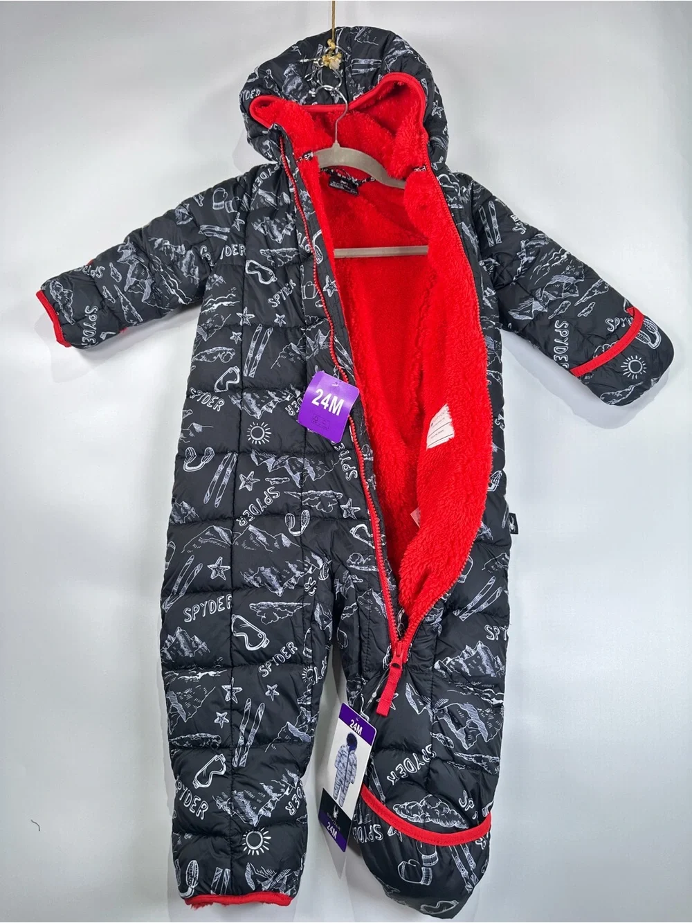 Spyder Snowsuit Bunting Hooded Sherpa Lined Doodle Print Black Red 24M